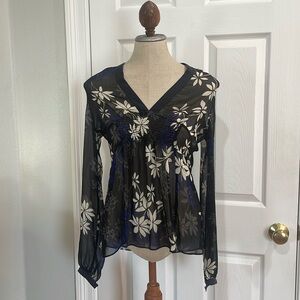 New York & Company silk sheer long sleeve floral smocked Empire waist blouse XS